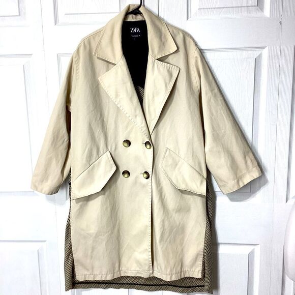 Zara Tan Plaid Women's Jacket High Low Overcoat Duster